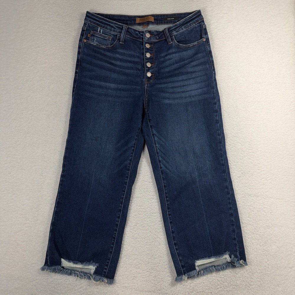 Judy Blue Wide Crop Button Fly Jeans Womens 15/32 (32x23) Blue Stretch Denim
